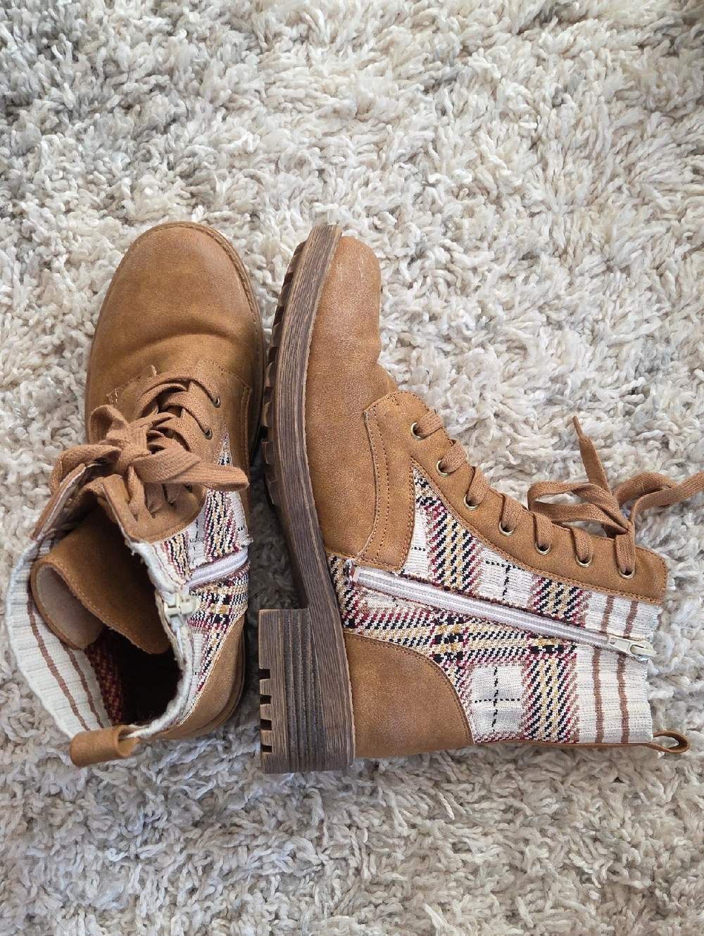 Life Stride Tan Lace-Up Ankle Boots with Patterned Canvas Panels